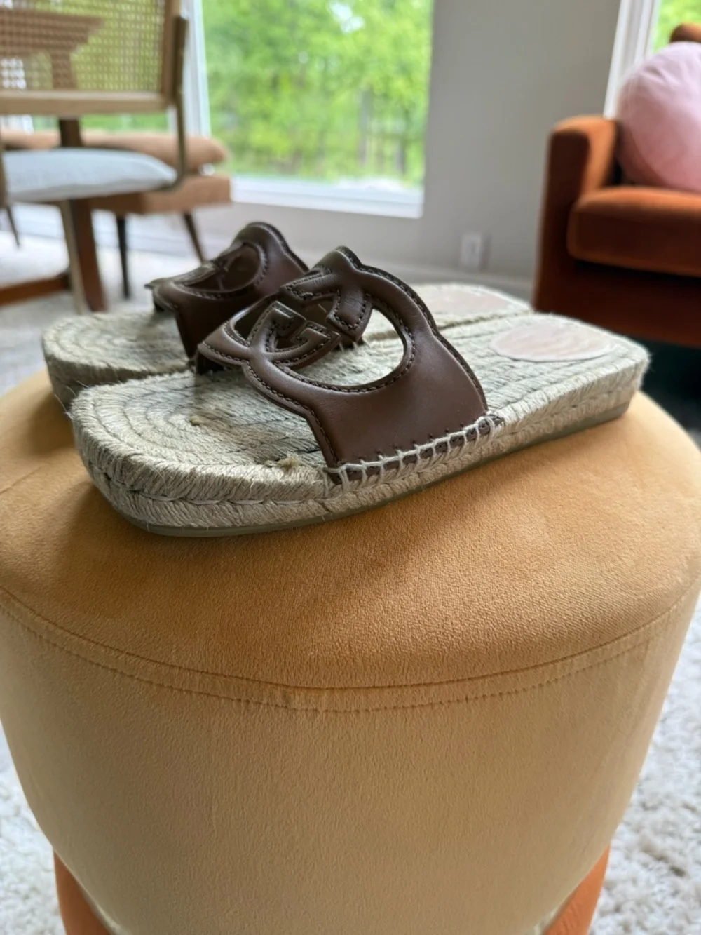 Gucci Brown Leather Interlocking G Espadrille Slide Sandals - Picture 2 of 7